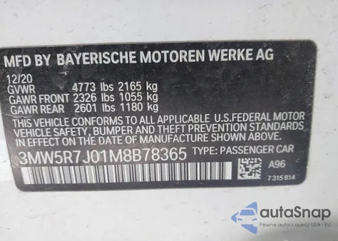 2021 BMW 330I xDrive z USA, uszkodzony, nr VIN 3MW5R7J01M8B78365